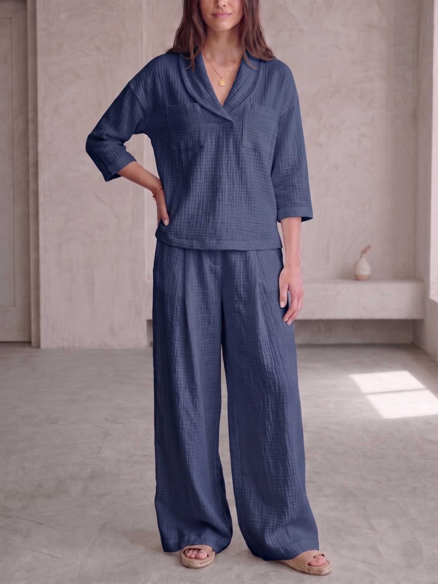 Clearance Sale🔥 Women's Peter Pan Collar V-Neck 3/4-Sleeve Cotton-Linen Two-Piece Set