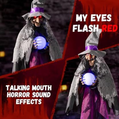 Halloween electronic animated decoration, hanging talking witch, animated witch with sound and motion activation, scary sound effects, glowing crystal ball and eyes, suitable for indoor and outdoor haunted house props.