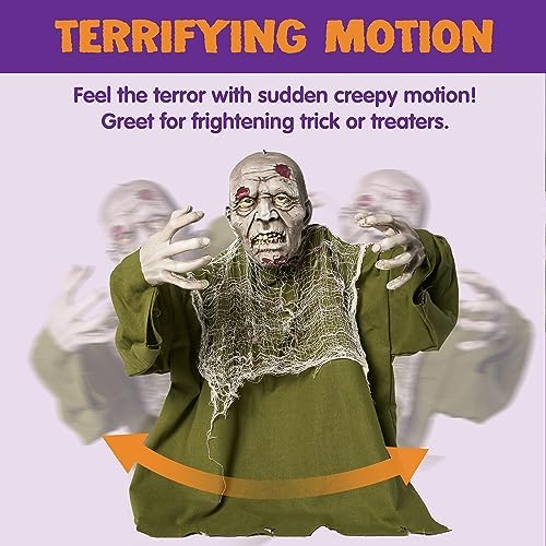 Halloween animated zombie demolition outdoor decoration, with glowing eyes, a spooky electronic animation decoration, and movable arms. Suitable for Halloween party props and outdoor decorations for lawns, patios, and courtyards.