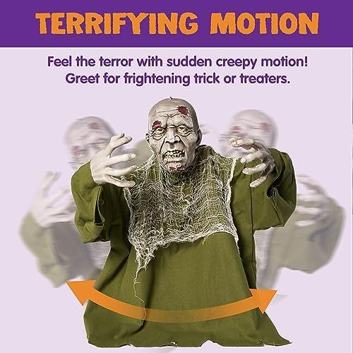 Halloween animated zombie demolition outdoor decoration, with glowing eyes, a spooky electronic animation decoration, and movable arms. Suitable for Halloween party props and outdoor decorations for lawns, patios, and courtyards.