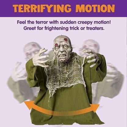 Halloween animated zombie demolition outdoor decoration, with glowing eyes, a spooky electronic animation decoration, and movable arms. Suitable for Halloween party props and outdoor decorations for lawns, patios, and courtyards.