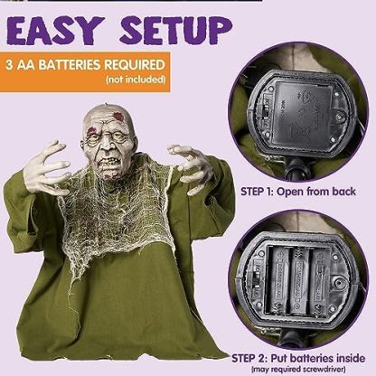 Halloween animated zombie demolition outdoor decoration, with glowing eyes, a spooky electronic animation decoration, and movable arms. Suitable for Halloween party props and outdoor decorations for lawns, patios, and courtyards.