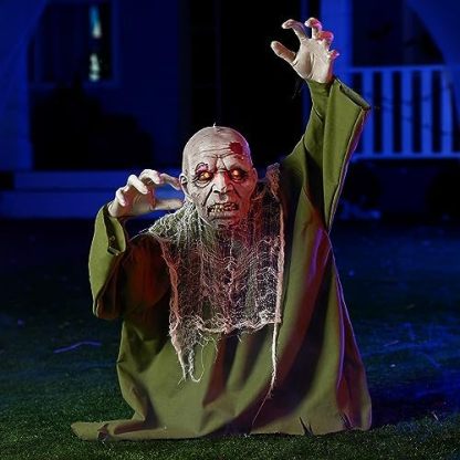 Halloween animated zombie demolition outdoor decoration, with glowing eyes, a spooky electronic animation decoration, and movable arms. Suitable for Halloween party props and outdoor decorations for lawns, patios, and courtyards.