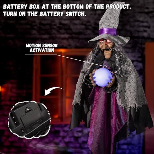 Halloween electronic animated decoration, hanging talking witch, animated witch with sound and motion activation, scary sound effects, glowing crystal ball and eyes, suitable for indoor and outdoor haunted house props.