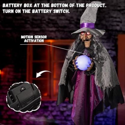 Halloween electronic animated decoration, hanging talking witch, animated witch with sound and motion activation, scary sound effects, glowing crystal ball and eyes, suitable for indoor and outdoor haunted house props.