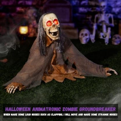Halloween mechanical zombie groundbreaker decoration, animated zombie prop with glowing red eyes, scary sound effects and movable head/body, voice-activated outdoor haunted house/cemetery decoration.