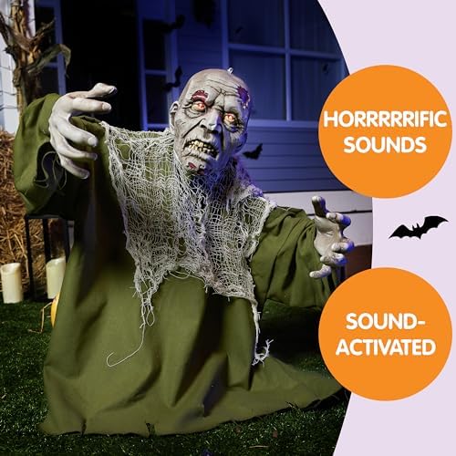 Halloween animated zombie demolition outdoor decoration, with glowing eyes, a spooky electronic animation decoration, and movable arms. Suitable for Halloween party props and outdoor decorations for lawns, patios, and courtyards.