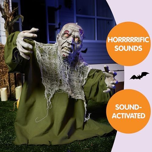 Halloween animated zombie demolition outdoor decoration, with glowing eyes, a spooky electronic animation decoration, and movable arms. Suitable for Halloween party props and outdoor decorations for lawns, patios, and courtyards.