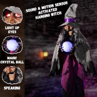 Halloween electronic animated decoration, hanging talking witch, animated witch with sound and motion activation, scary sound effects, glowing crystal ball and eyes, suitable for indoor and outdoor haunted house props.