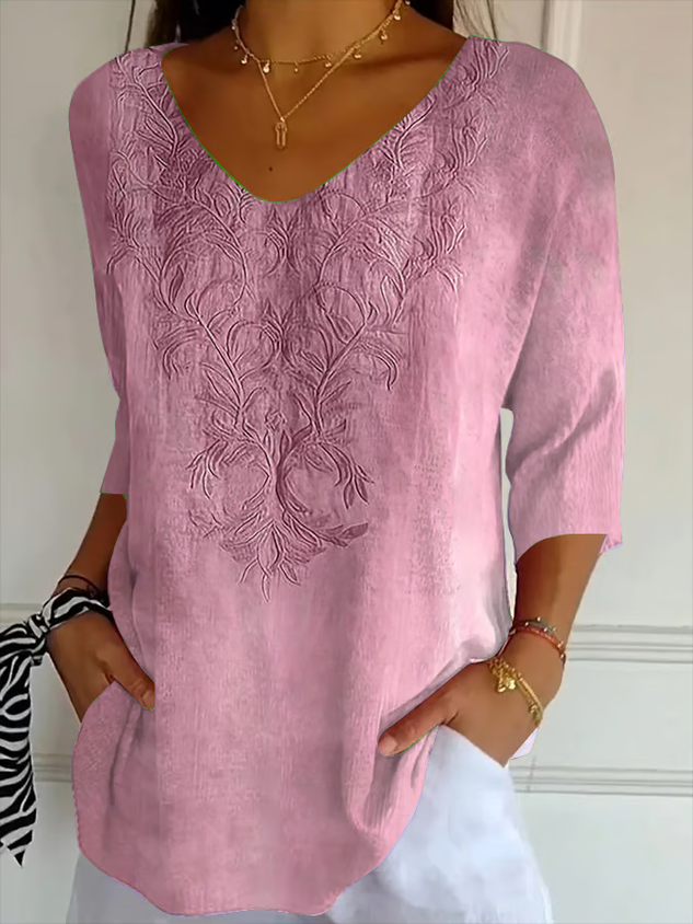 Casual Floral V Neck Three Quarter Sleeve T-shirt