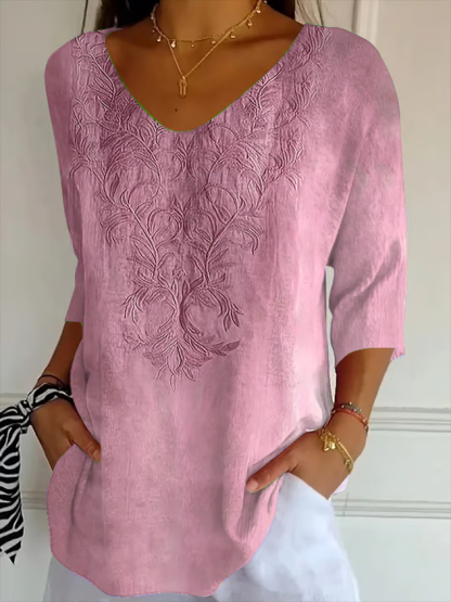 Casual Floral V Neck Three Quarter Sleeve T-shirt