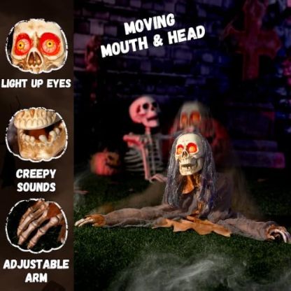 Halloween mechanical zombie groundbreaker decoration, animated zombie prop with glowing red eyes, scary sound effects and movable head/body, voice-activated outdoor haunted house/cemetery decoration.