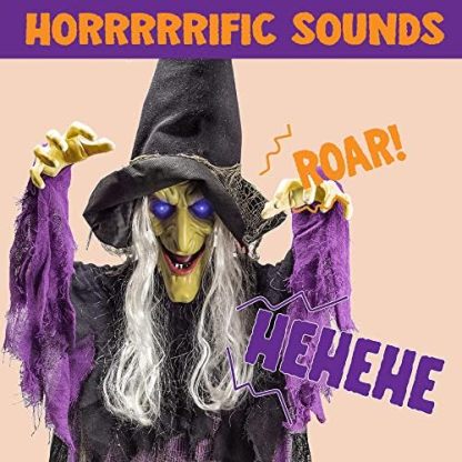 Halloween hanging witch decoration, outdoor flying talking ghost decoration, eyes that light up, voice-activated, indoor and outdoor haunted house prop, suitable for lawns, patios, and gardens, purple.