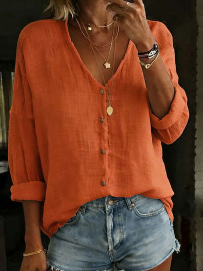 Women's Cotton Linen Loose Solid Color Long-sleeved Shirt