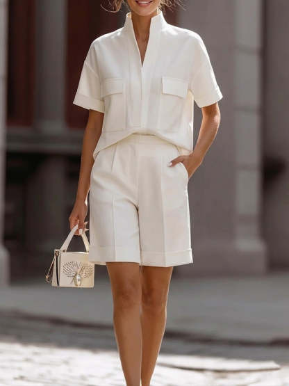 Women's V-neck Short-sleeved Casual Loose Cotton Linen Top High-waisted Casual Loose Wide-leg Shorts Cotton Linen Set