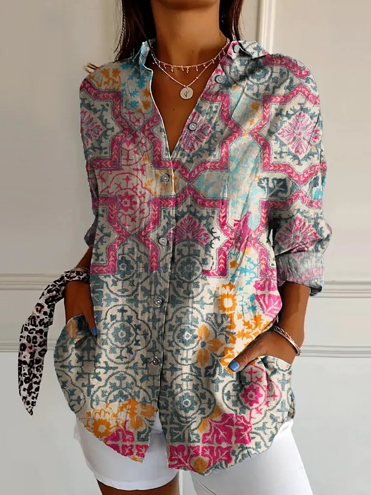 Women's Vintage Floral Art Print Casual Cotton Linen V-neck Shirt