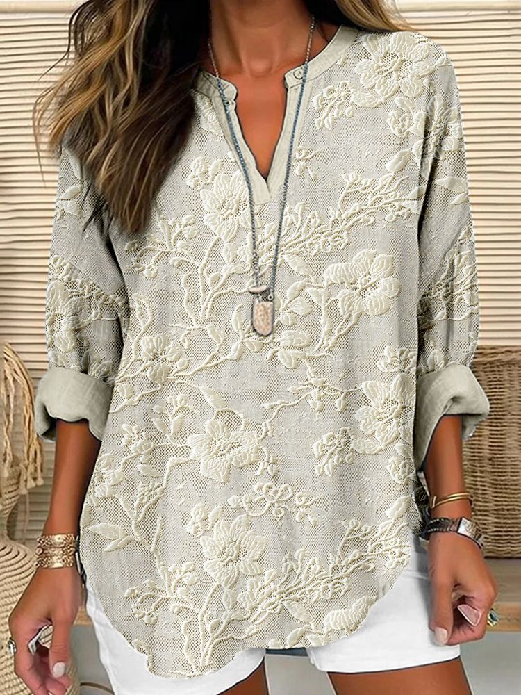 Vintage Floral Lace Embroidered Linen Blend Cozy Shirt