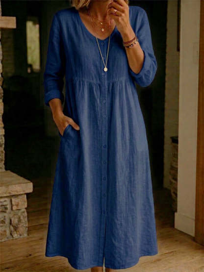 Casual Linen Cotton Button Dress
