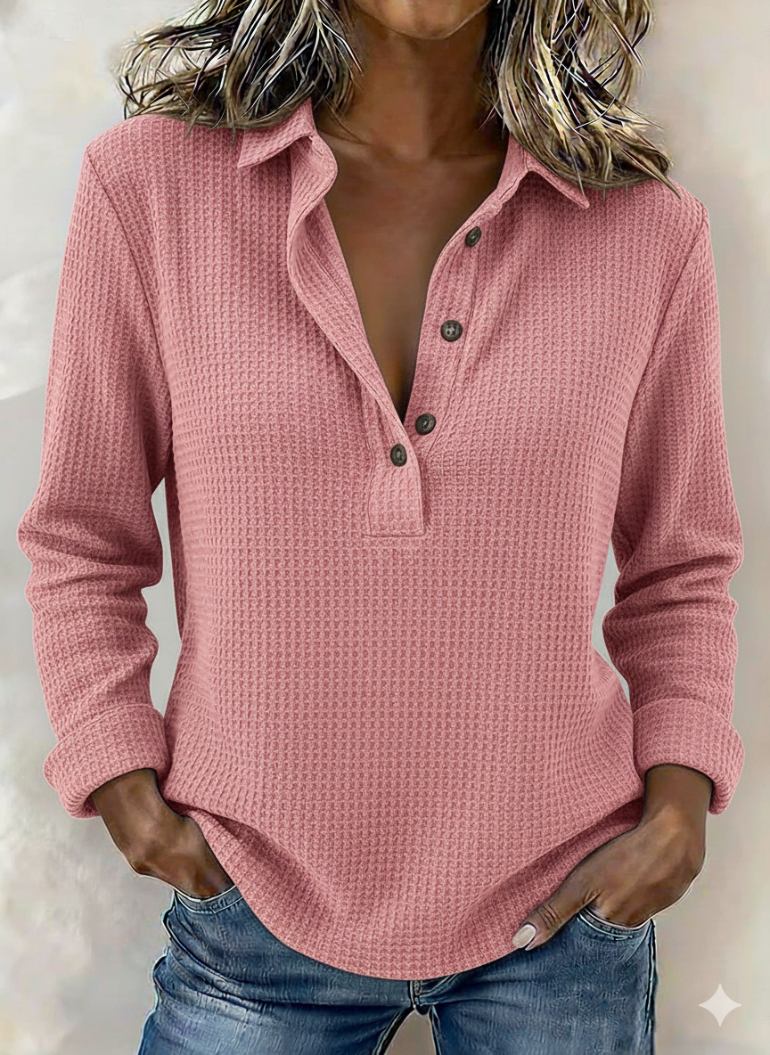 Women's Solid Color Lapel Casual Long Sleeve Waffle Shirt