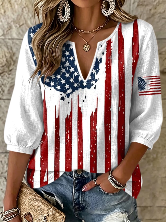 Women's Vintage Flag-Print Cotton-Linen Top