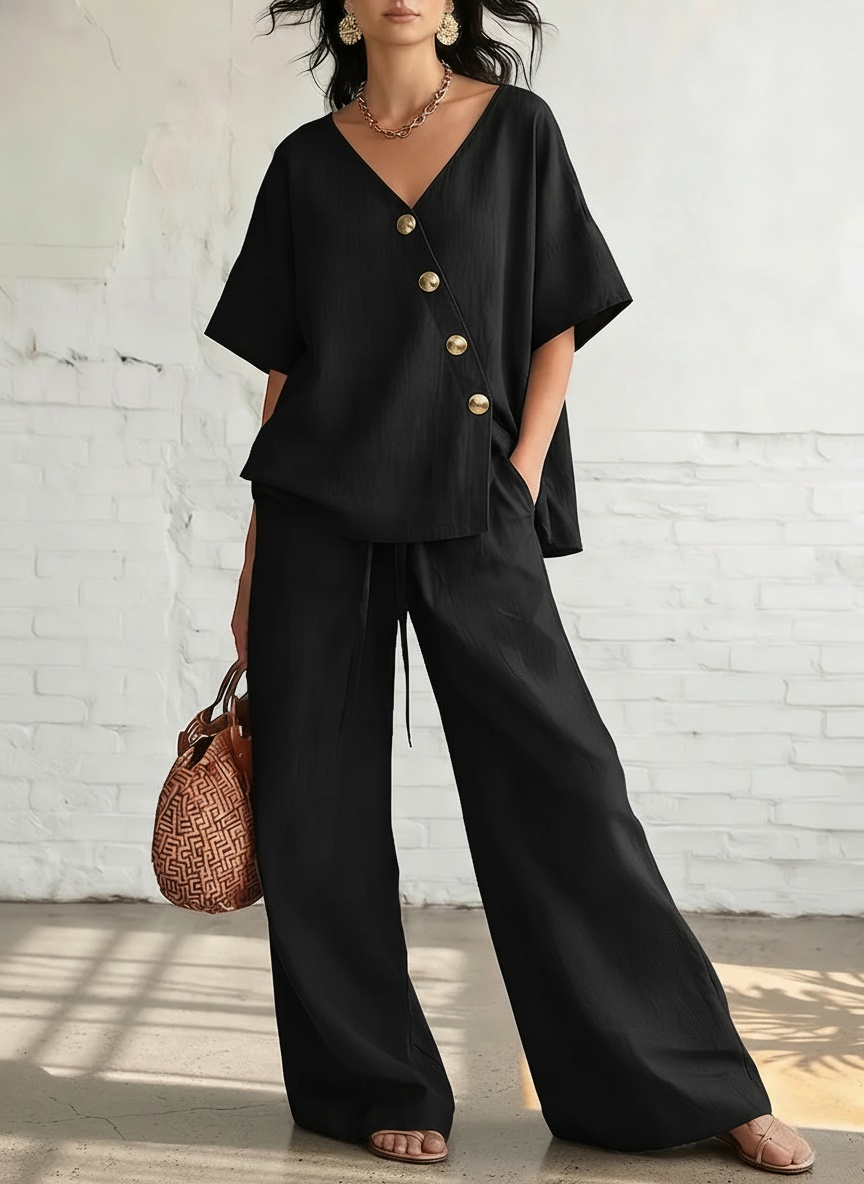 New Arrivals🔥Women's Cozy & Elegant Metal Buttons Cotton-linen Two-piece Set