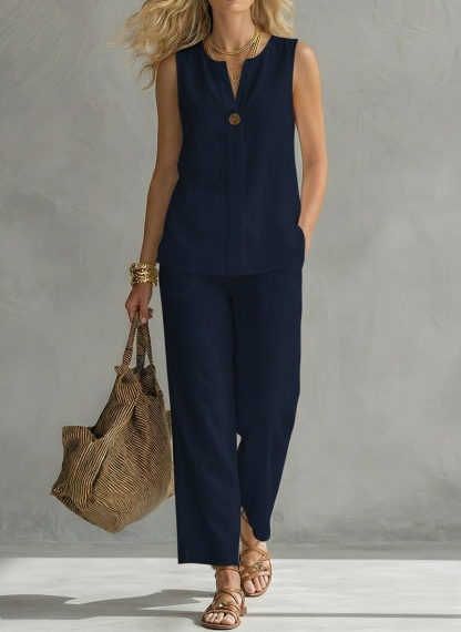 New Arrivals🔥Women's Cotton-linen Sleeveless V-neck Top And Pants Set