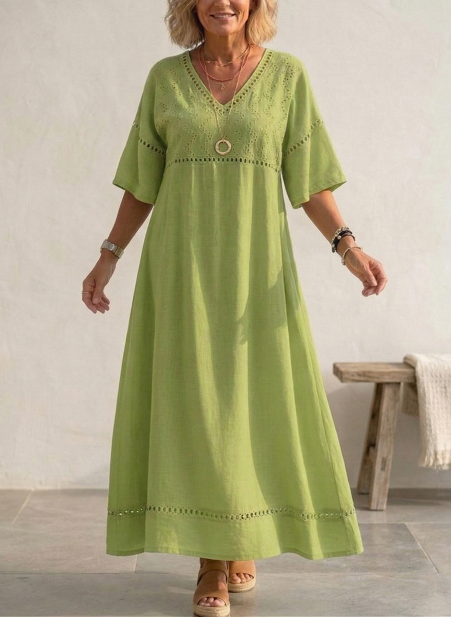 New Arrivals Women��s Cotton-Linen Print Dress