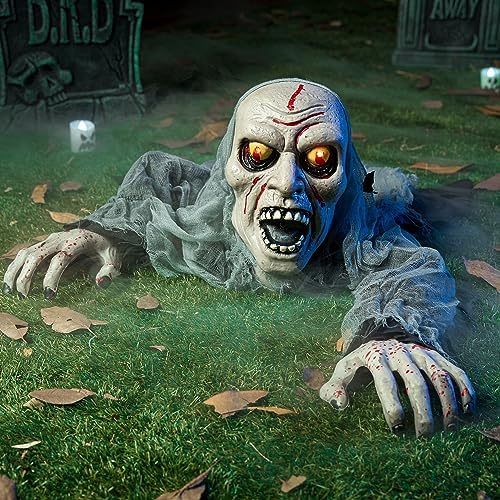 Halloween outdoor glowing zombie groundbreaker decoration with bloodstains and scary sound effects. Suitable for Halloween outdoor decorations, lawns, patios, terraces, cemetery decorations, and haunted house props.