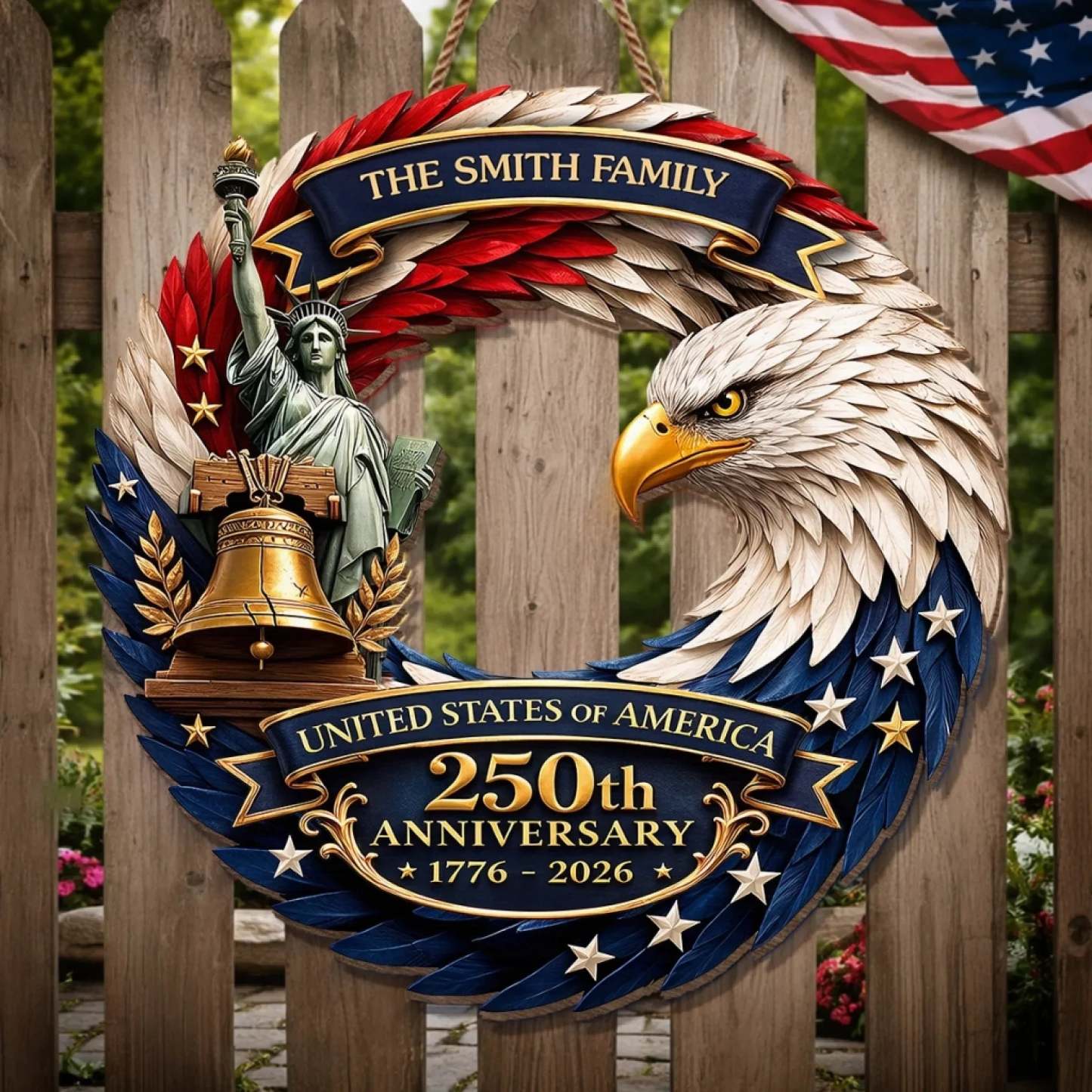 Custom Wood Sign - Personalized America 250th Anniversary - Bald Eagle Patriotic