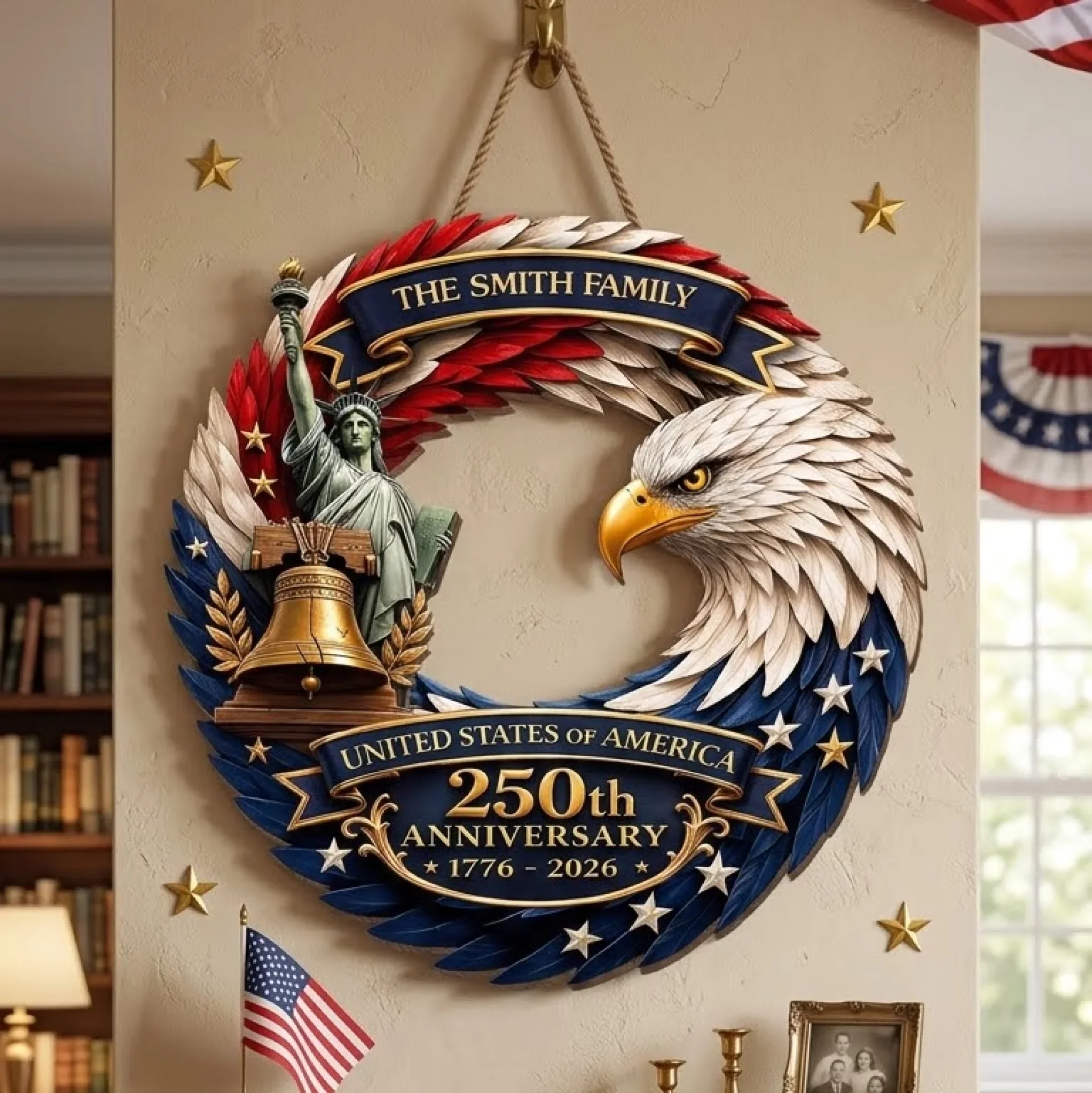 Custom Wood Sign - Personalized America 250th Anniversary - Bald Eagle Patriotic