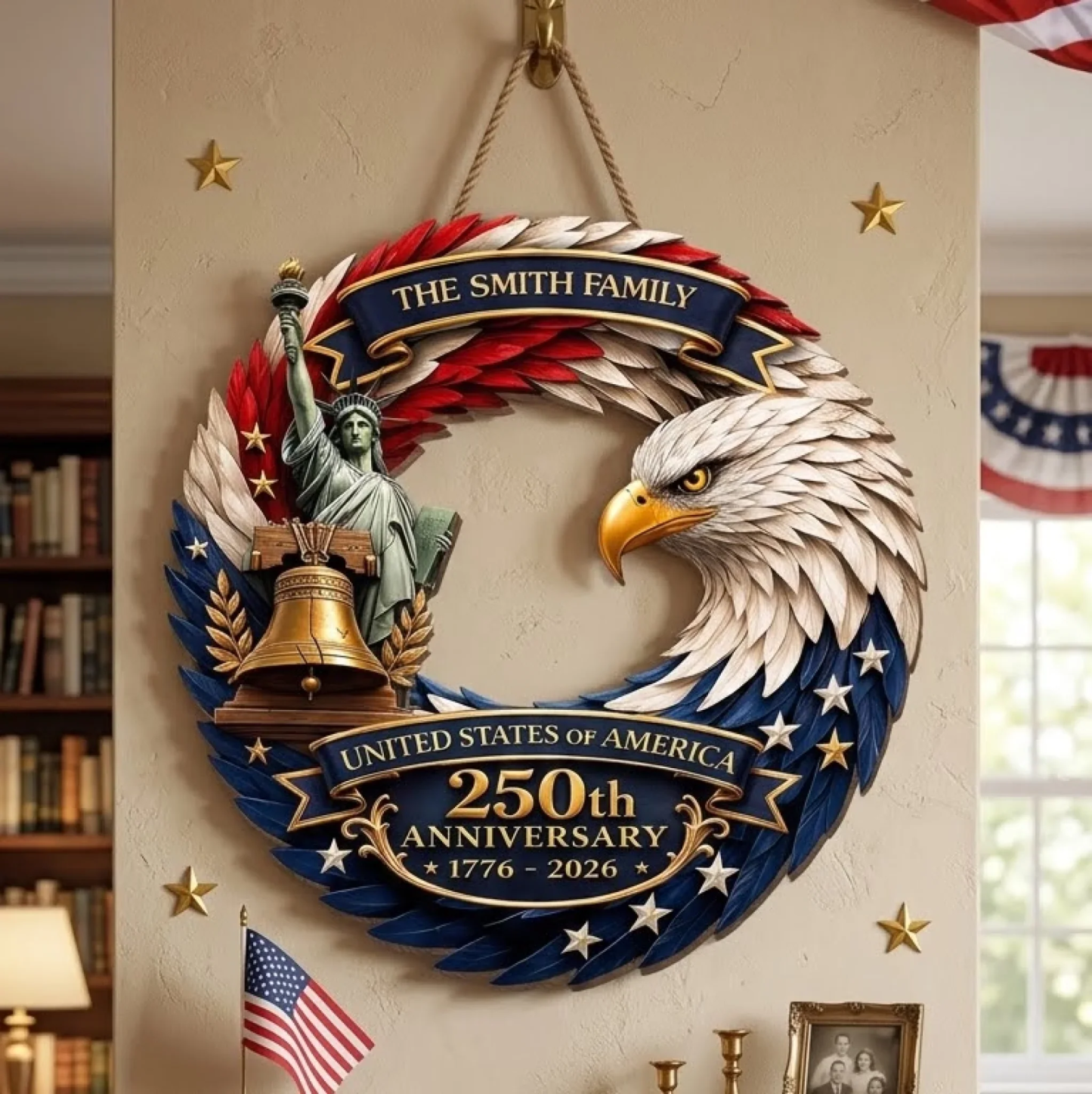 Custom Wood Sign - Personalized America 250th Anniversary - Bald Eagle Patriotic