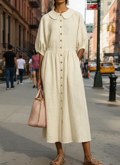 New Arrivals🔥Women's Comfortable Peter Pan Collar Button Loose Linen and Cotton Dress
