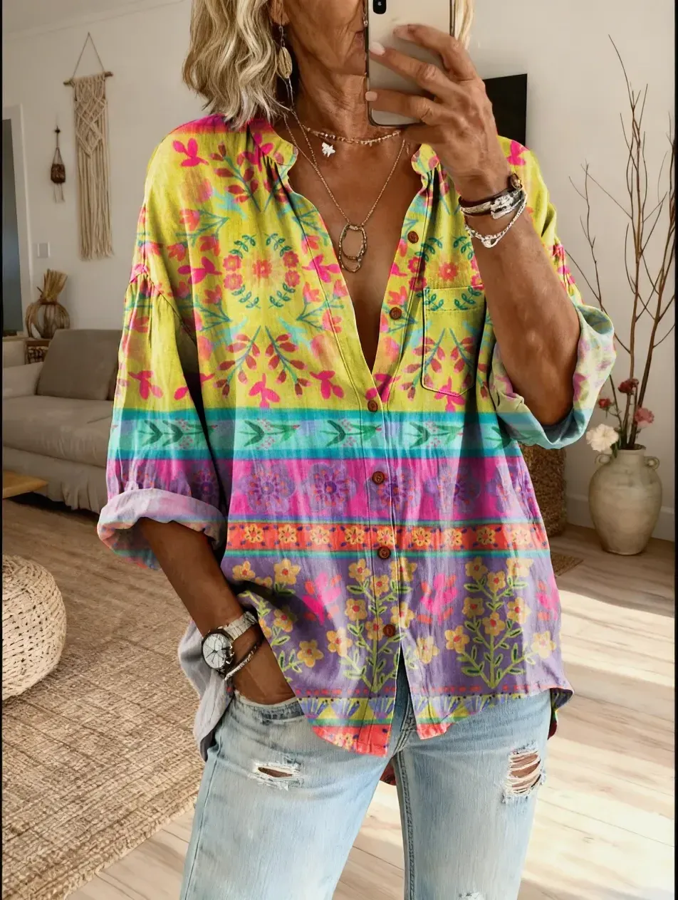 Women's Floral Art Print Casual Cotton-linen Blend Shirt