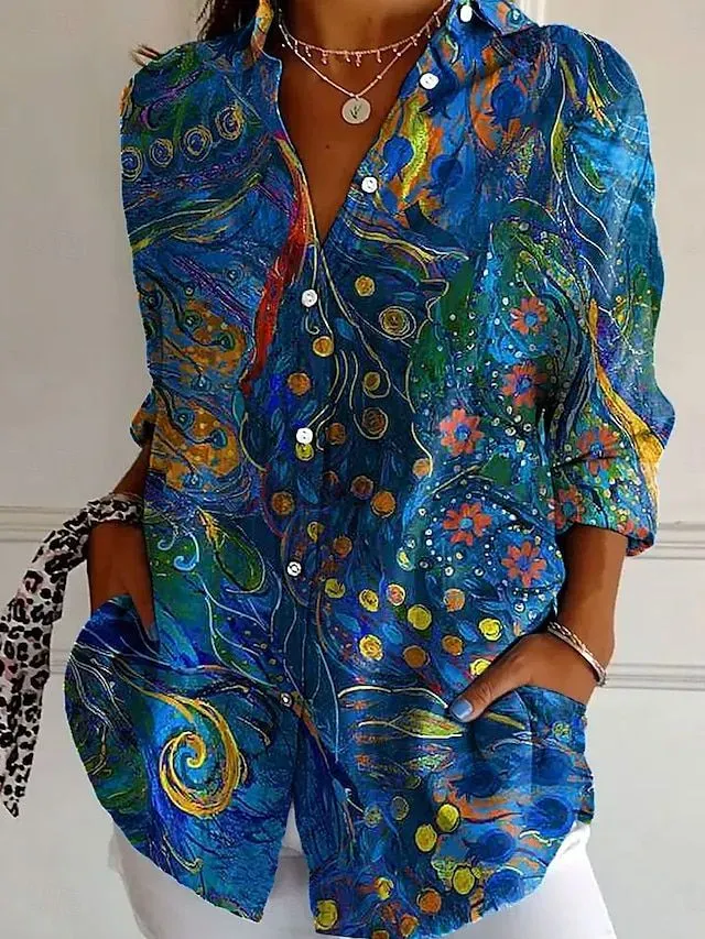 Women's Vintage Art Flower Print Casual Linen V-neck Shirt