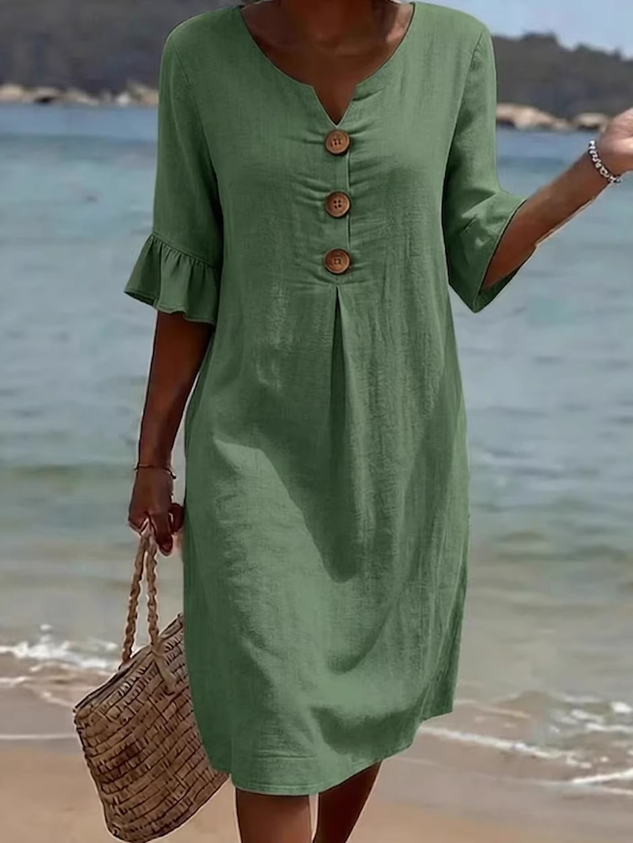 Cotton Plain V Neck Short Sleeve Button Casual Regular Fit Dress