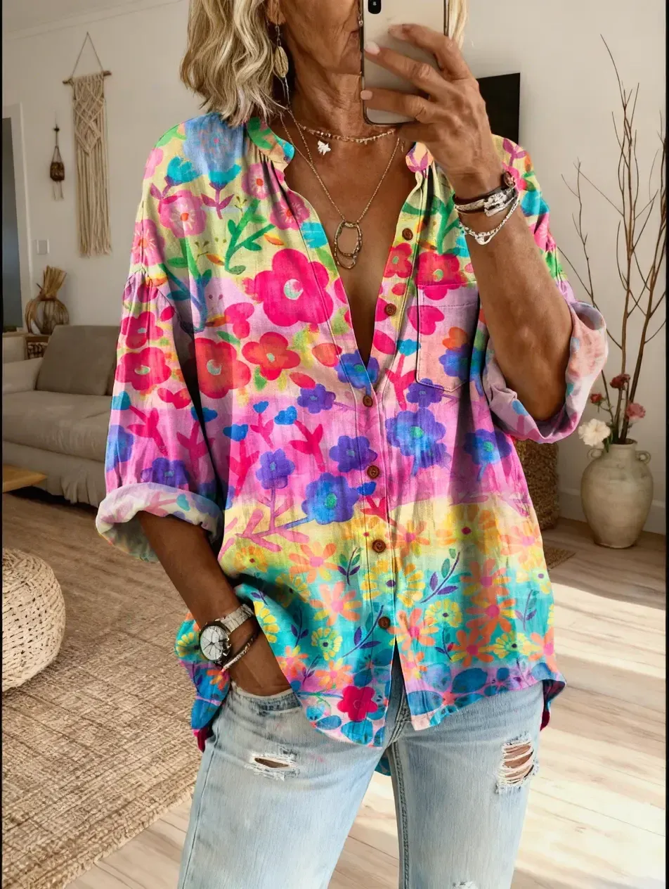 Women's Floral Art Print Casual Cotton-linen Blend Shirt