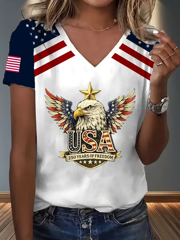 Women's USA 250th Anniversary Short Sleeve T-shirt Summer White Text Letters Jersey V Neck Holiday Going Out Casual Top