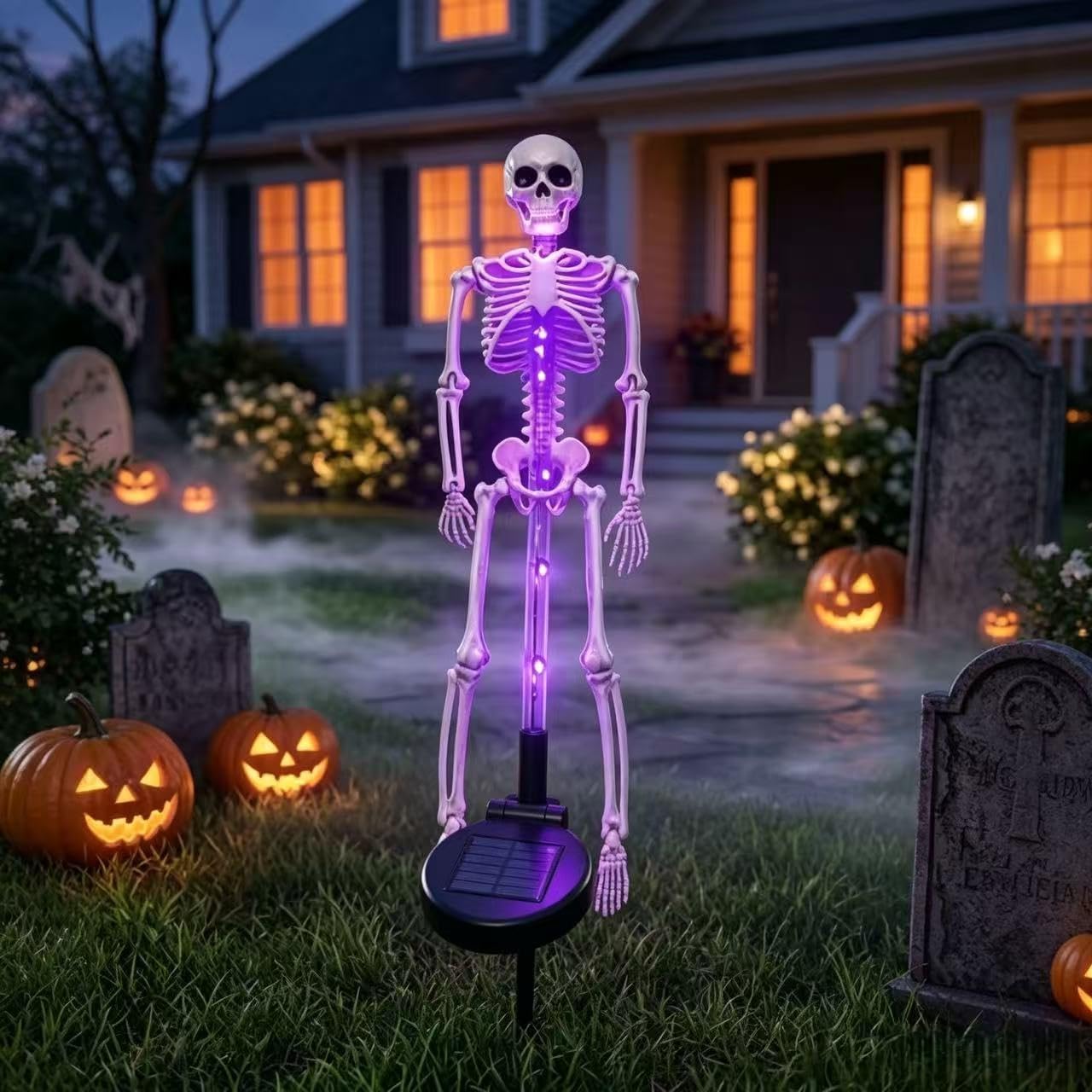 Solar-powered skull garden light, creepy skull lamp, purple light, waterproof LED skeleton ornament, suitable for outdoor cemeteries, lawns, paths, terraces, parties, etc.