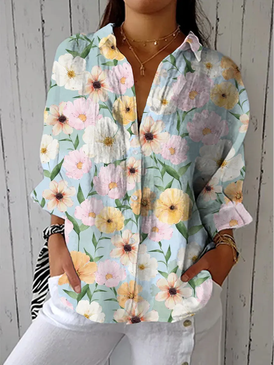 Women's Vintage Art Flower Print Casual Linen V-neck Shirt