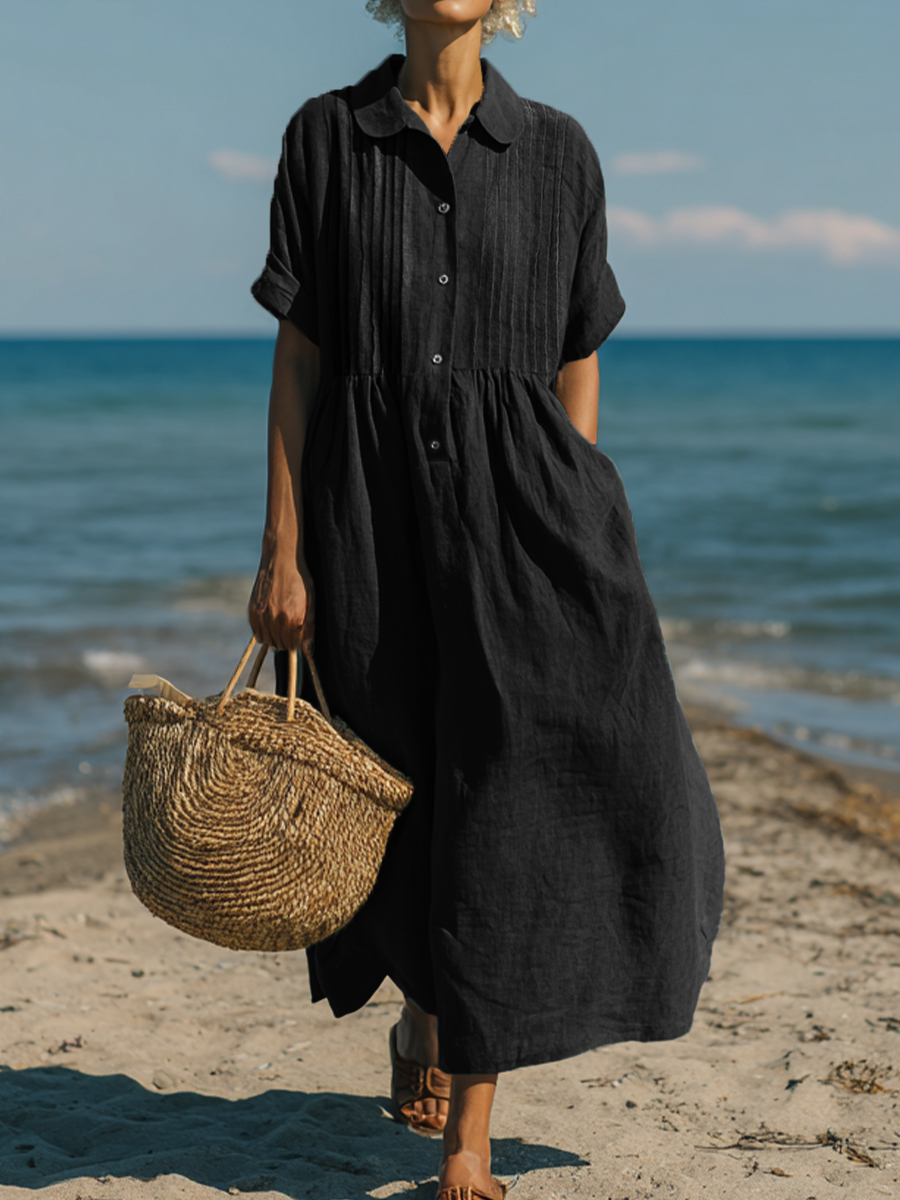 New Arrivals🔥 Women's Casual Cotton and Linen Peter Pan Collar Short Sleeve Dress