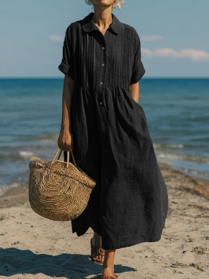New Arrivals🔥 Women's Casual Cotton and Linen Peter Pan Collar Short Sleeve Dress