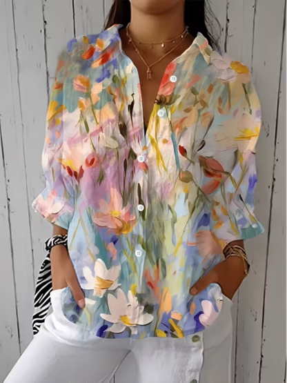 Women's Three Quarter Sleeve Shirt Spring/Fall As Picture Floral Printing Shirt Collar Daily Going Out Casual Top