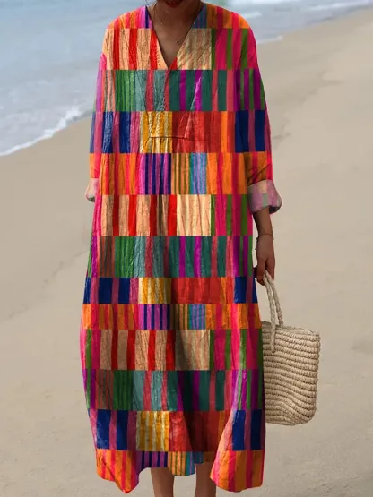 Women's Vintage Geometric Pattern Art Print Cotton Dress