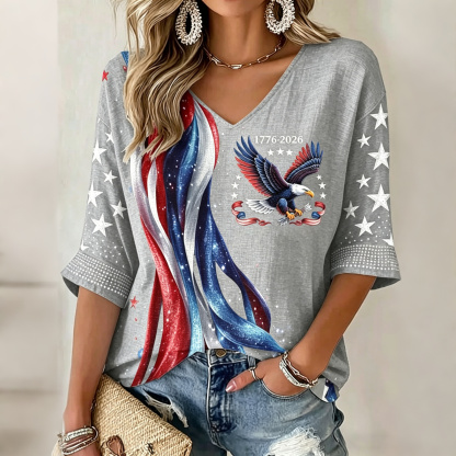 Women's Flag Floral Print V-neck Linen T-shirt