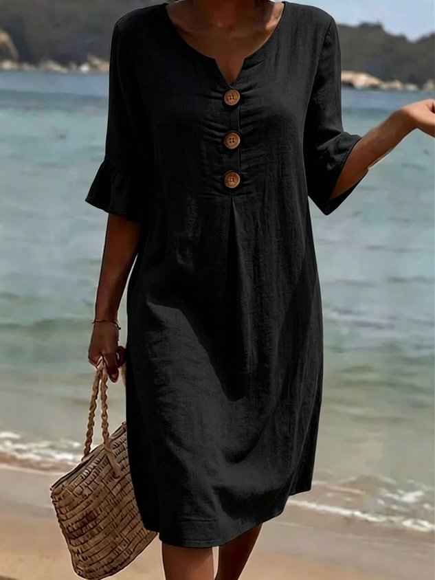 Cotton Plain V Neck Short Sleeve Button Casual Regular Fit Dress