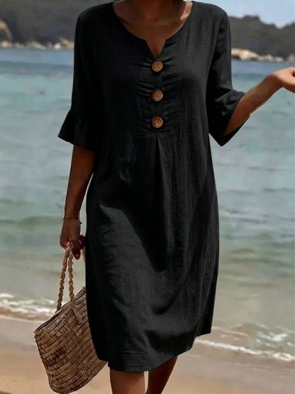 Cotton Plain V Neck Short Sleeve Button Casual Regular Fit Dress