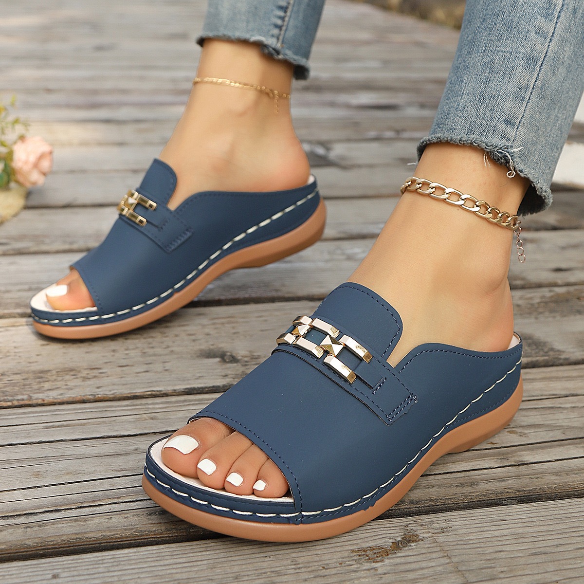 💝Summer Sale⭐Women's chain-embellished wedge sandals, casual open-toe platform shoes, comfortable slip-on sandals