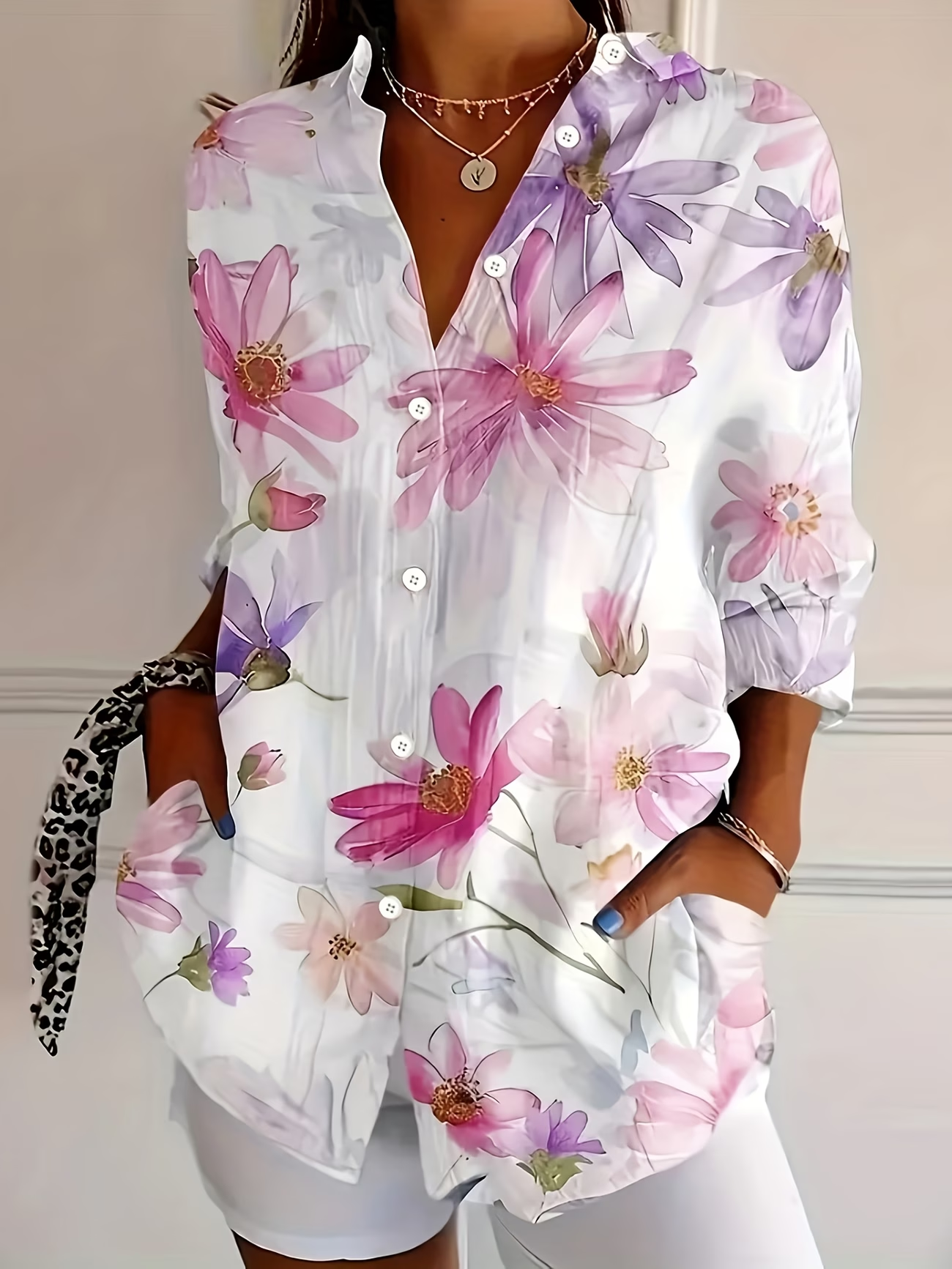 Women's Casual Half-Sleeve Shirt with Botanical Floral Print