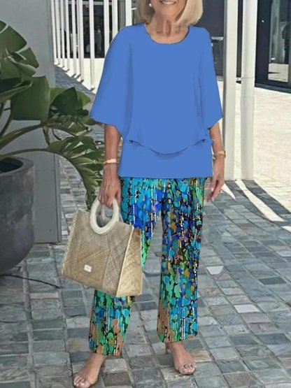 Bell Sleeve Crew Neck Casual Loose Two-Piece Set