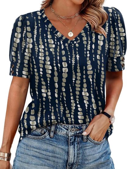 Women's short-sleeved shirt, button-down V-neck, fashionable spring/summer outfit, plus size women's shirt, casual formal wear.